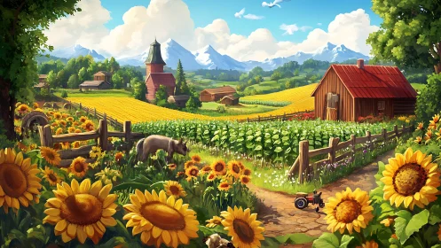 Sunlit country farm glows with golden fields and mountains