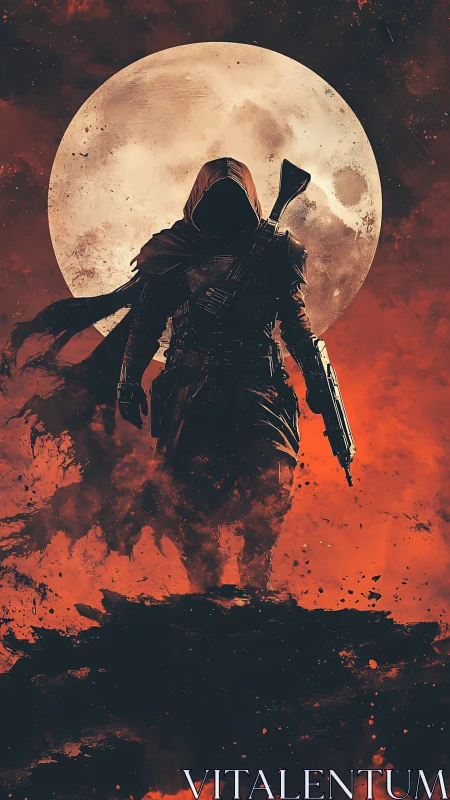 Midnight wanderer striding through embers and moonlight.