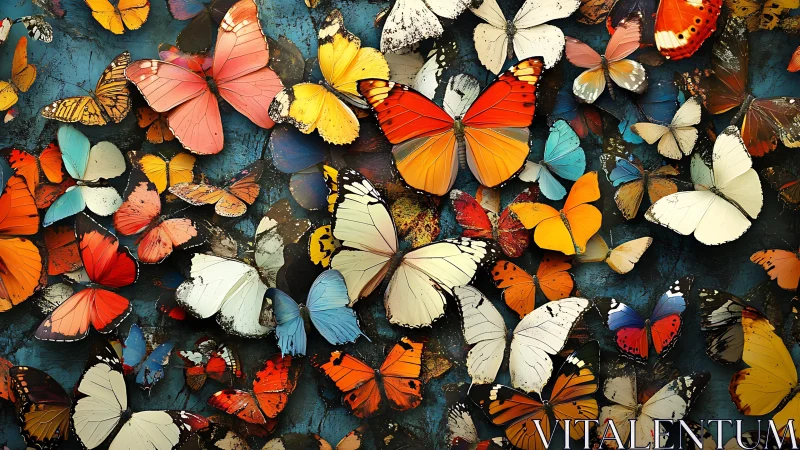 Colorful butterflies cluster tightly across textured surface