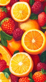 Bright citrus slices with berries in bold digital art