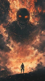 Lone warrior confronts colossal fiery demon in raging inferno.