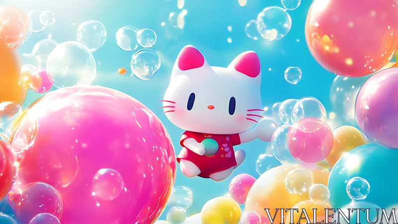 Chibi cat mascot floats among glossy translucent bubbles in sky