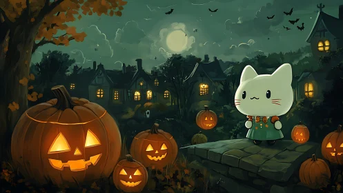 Anthropomorphic cat figure in Halloween village setting.