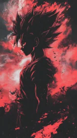 Silhouetted anime warrior in red and black energy field.
