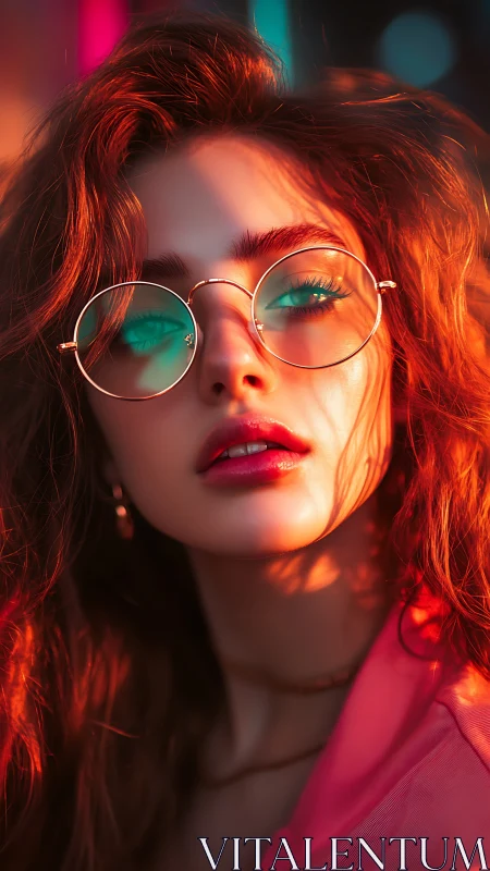Neon twilight muse in glowing glasses and ember-lit hair.