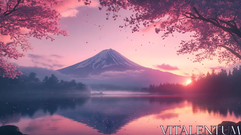 Blossom-framed sunrise lake with a dreamy pink mountain.