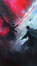 Two sci-fi warriors clash with glowing blades in stormy chaos