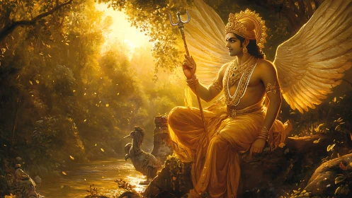 Winged golden deity seated in sunlit forest landscape.