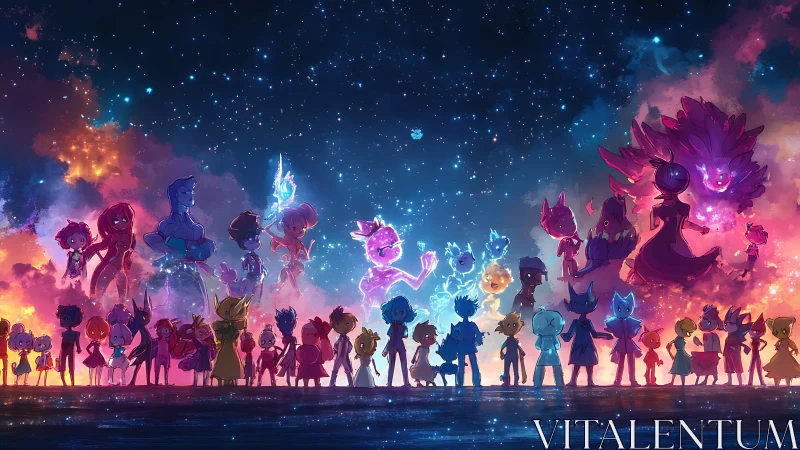 Starlit heroes and spirits gather in a glowing cosmic sky