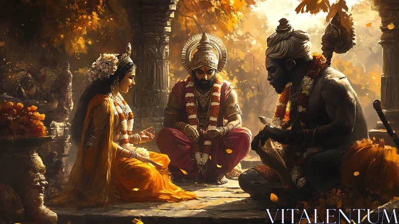 Sacred autumn gathering of divine figures in gentle light.