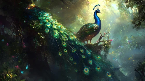 Enchanted forest peacock basking in soft, dreamlike light.
