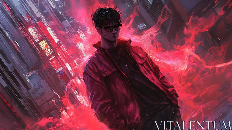 Man in red jacket stands amid glowing red urban energy