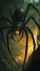 Giant fire-lit spider descends through torn shadowed web