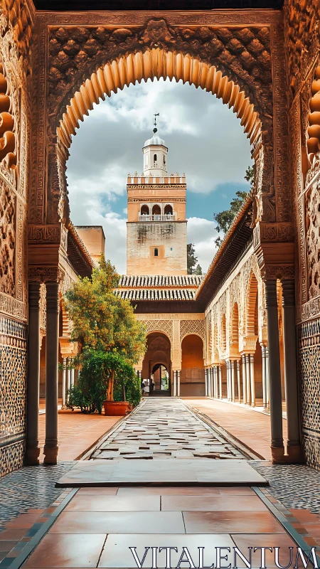 Moorish courtyard arcade framing minaret under soft clouded sky