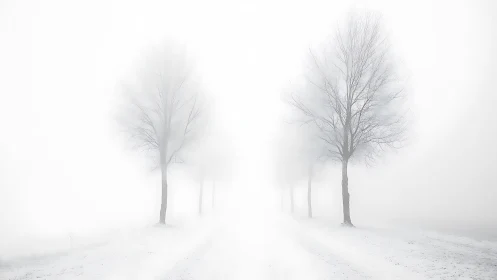 Leafless roadside trees stand aligned in dense winter fog