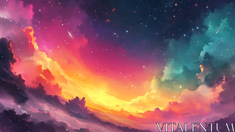 Nebula-lit sunset sky melts into a luminous cosmic horizon