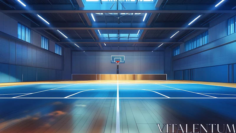 Symmetrical indoor basketball court under linear LED skylight grid