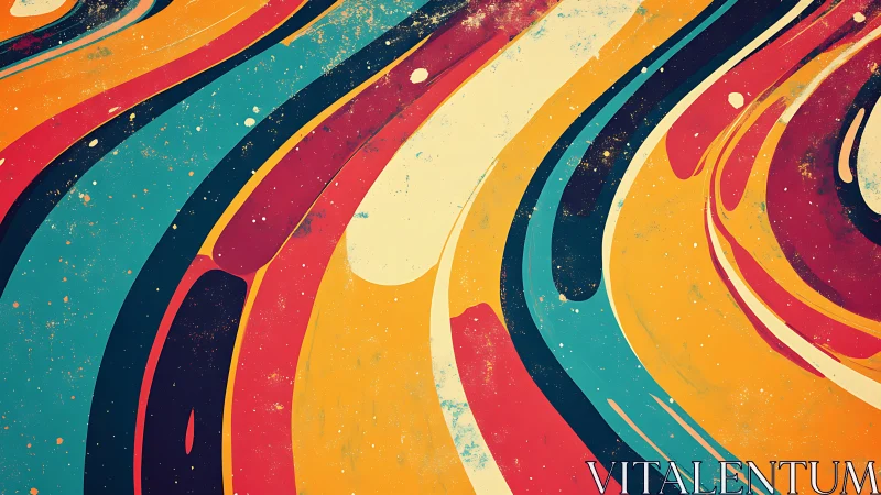 Retro sunriver swirlscape in loud teal, tangerine, and gold.