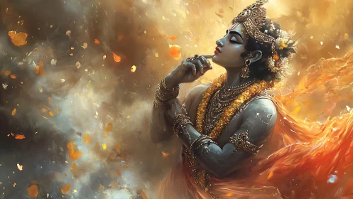 Divine blue-skinned figure in dynamic warm-toned particulate field