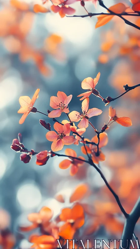 Orange blossom branch rises against cool bokeh background