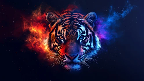 Digital painting of a bifurcated fire and ice tiger portrait.