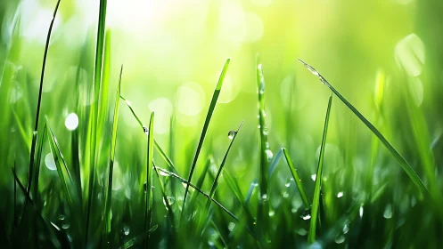 Morning light dances through fresh dewy blades of grass
