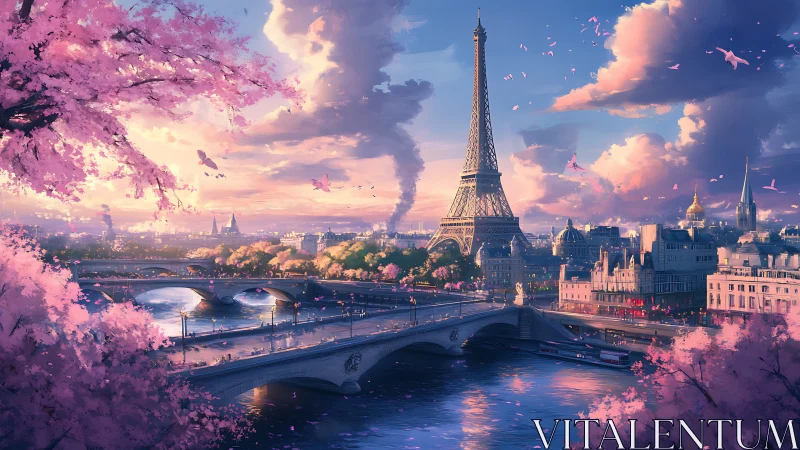 Paris spring skyline under cherry blossoms at sunset.