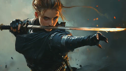 Dynamic female warrior portrait in cinematic digital painting.
