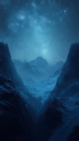 Starlit blue mountain gorge with distant snowy ridges.