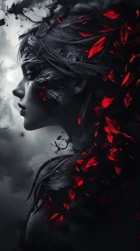 Side-profile dark portrait merges female silhouette with red leaves