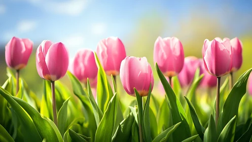 Pink tulip symphony dances across sun-drenched meadow stage