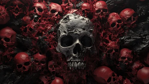 Central cracked skull emerges from molten red remains.