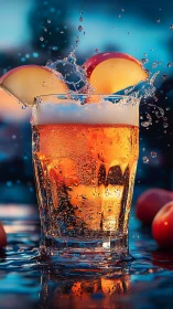 Carbonated Beverage Splash with Suspended Citrus Fruits Against Blue Background