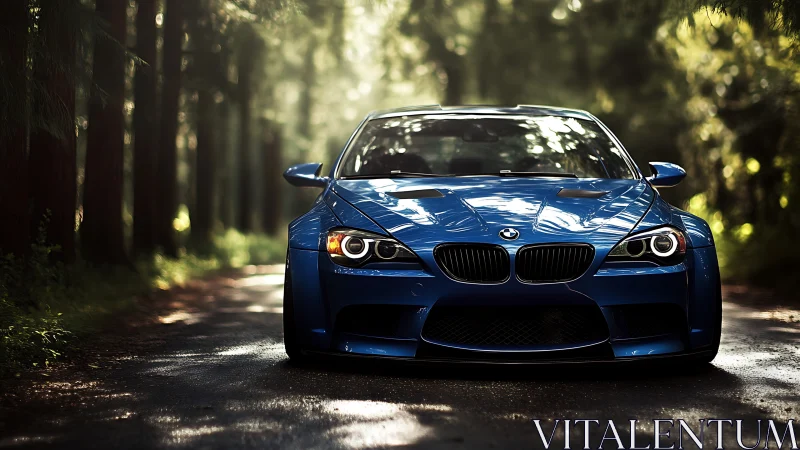 Blue BMW coupe on shaded forest road, frontal view.