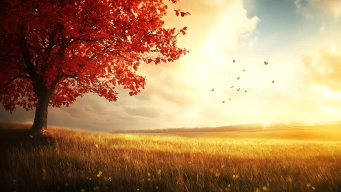 Amber tree serenade over sunlit autumn meadow at dusk.