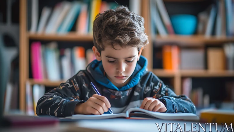 Boy Writing in Notebook at Desk. Educational Focus in Library.