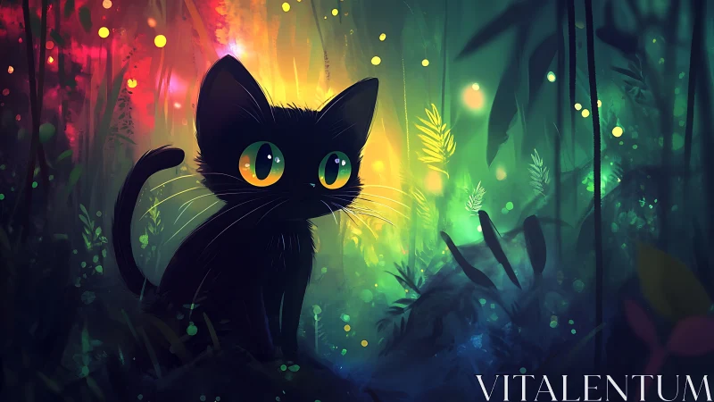 Black Cat with Golden Eyes in Mystical Forest.