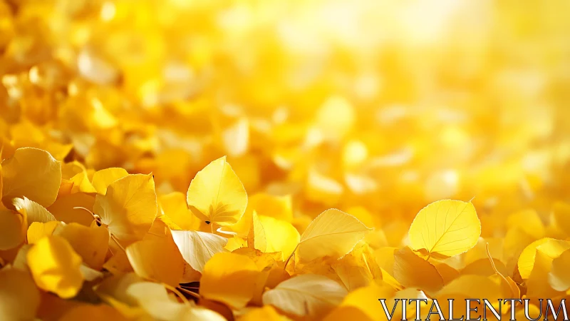 Yellow autumn leaves lie on ground under bright sunlight