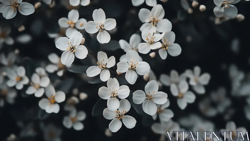 White blossoms cluster densely against dark foliage backdrop.