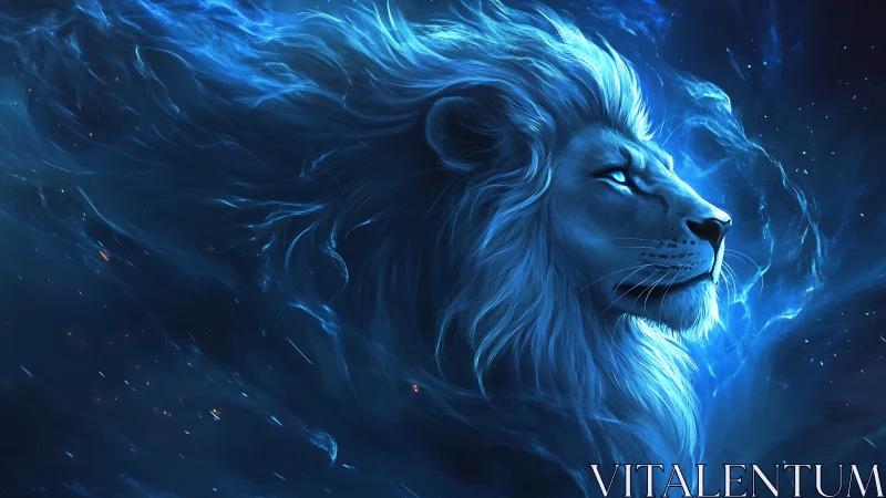 Lion profile rendered in blue luminous digital illustration
