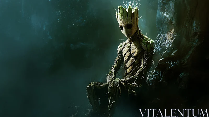 Humanoid tree figure seated in dim forest environment.