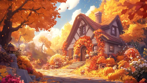 Cozy cottage rests in a golden autumn pumpkin garden