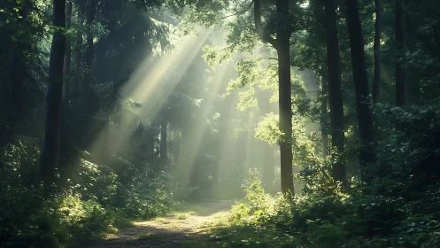 Forest Path with Sunlight Through Canopy