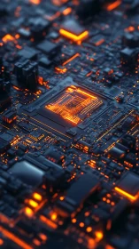 Glowing microchip core illuminates dark futuristic circuit board.