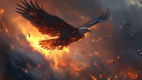 Majestic Eagle Soaring Through Fiery Skies in Dramatic Fantasy Art.