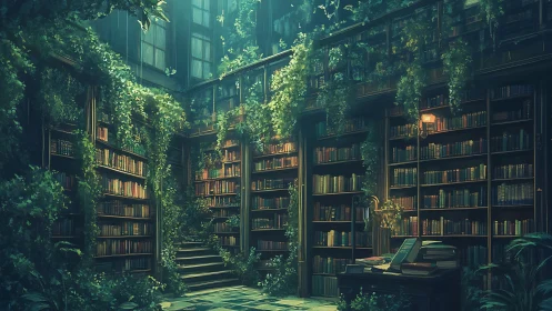 Overgrown indoor library with bookshelves and dense foliage.