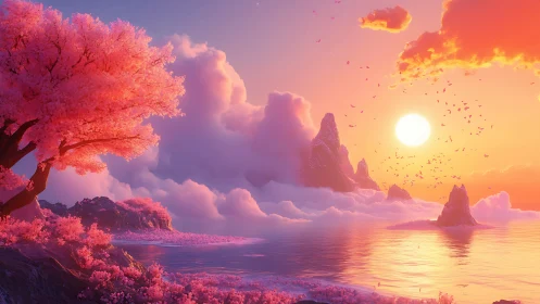 Surreal pink blossom coast under radiant fantasy sunset.