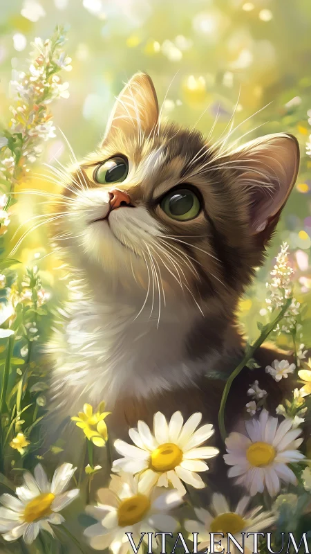 Backlit tabby kitten among daisies rendered with soft bokeh lighting