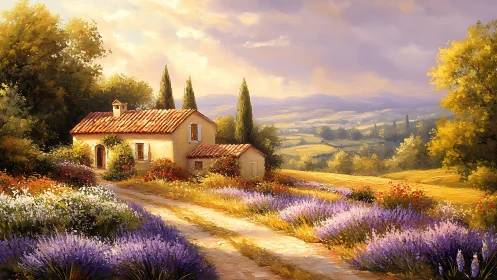 Country cottage with lavender fields in golden sunset light.