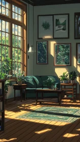 Sunlit botanical lounge with analytic lighting geometry.